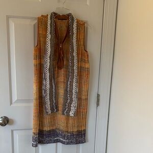 Elie Tahari Orange and Blue Pleated Dress